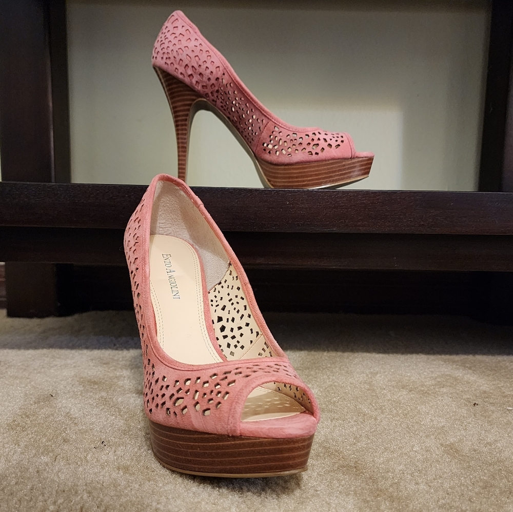 Enzo Angiolini Sully Pink Suede Laser Cut Peep-toe Pumps